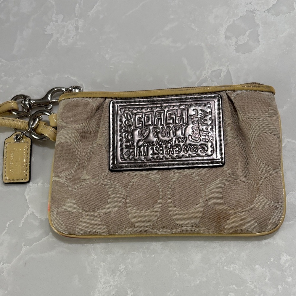 Coach Poppy Beige Signature Canvas Wristlet with Yellow Trim